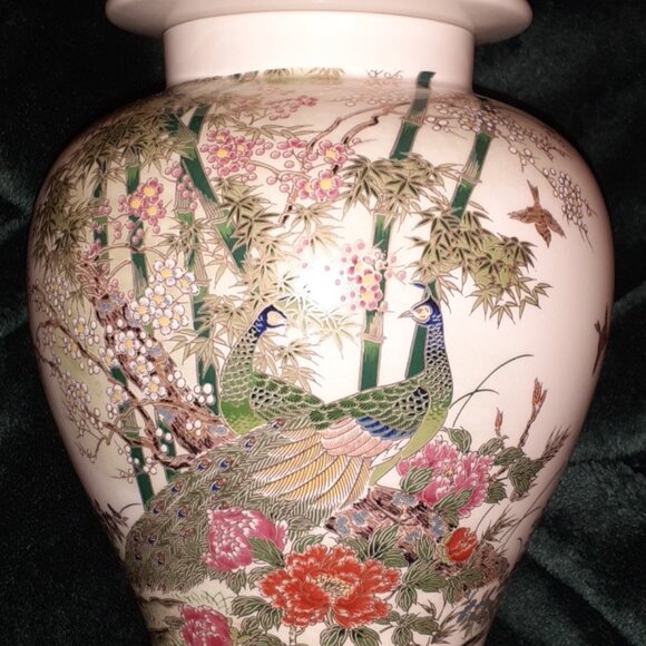 JAPAN FLORAL PEACOCK BIRD GINGER JAR W LID, VINTAGE 1980 OMC OTIGIRI, BEAUTIFUL - Picture 11 of 13